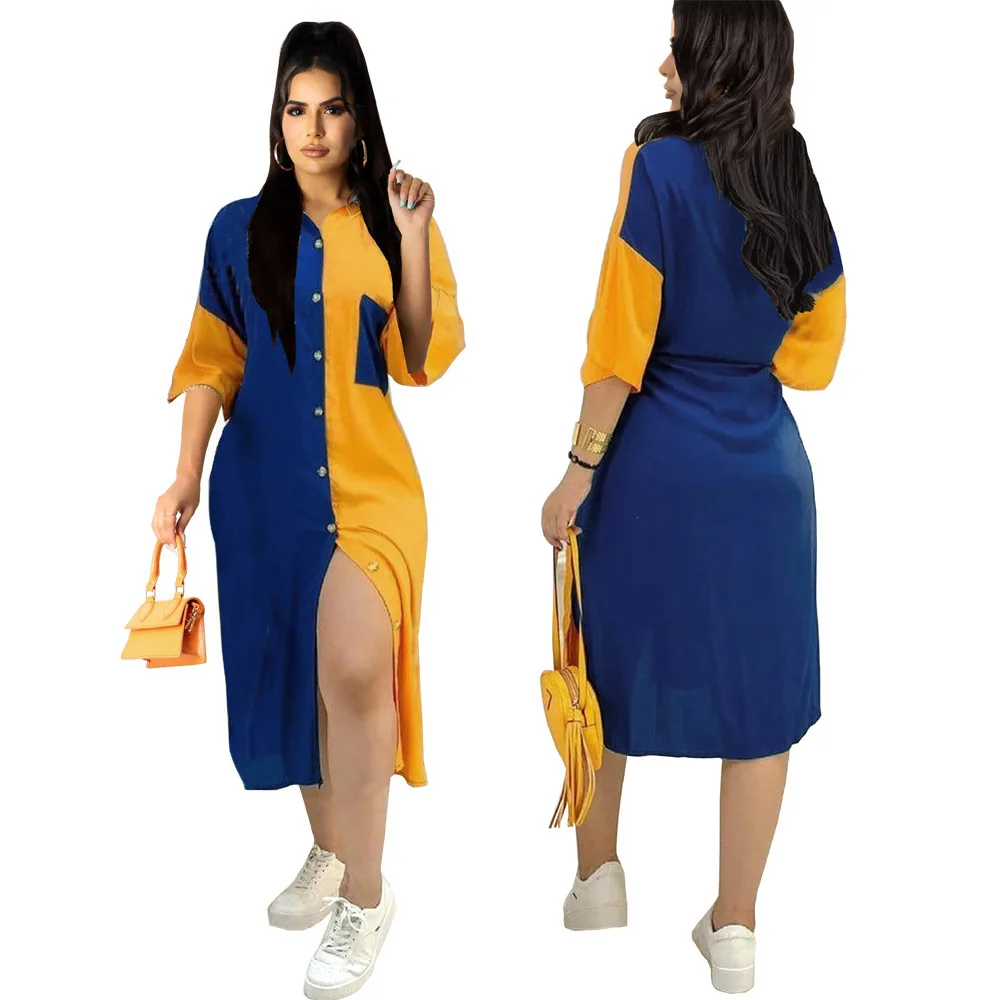 

Women Dress Patchwork Half Sleeve Turn-down Collar Single Breasted Loost Midi Dresses Casual Fashion Outfit Summer 2021