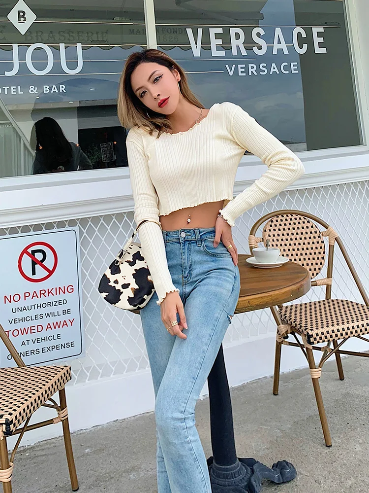 

2020 autumn new fashion knitwear female ins slim slim high waist exposed navel long sleeve top versatile