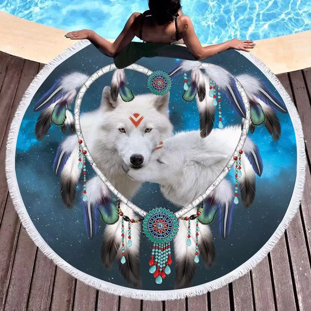 

3D Animal Wolf Tassel Tapestry Round Beach Towel Fashion Outdoor Sport Casual Yoga Mat 150cm Swimming Picnic Wall 2020 Style