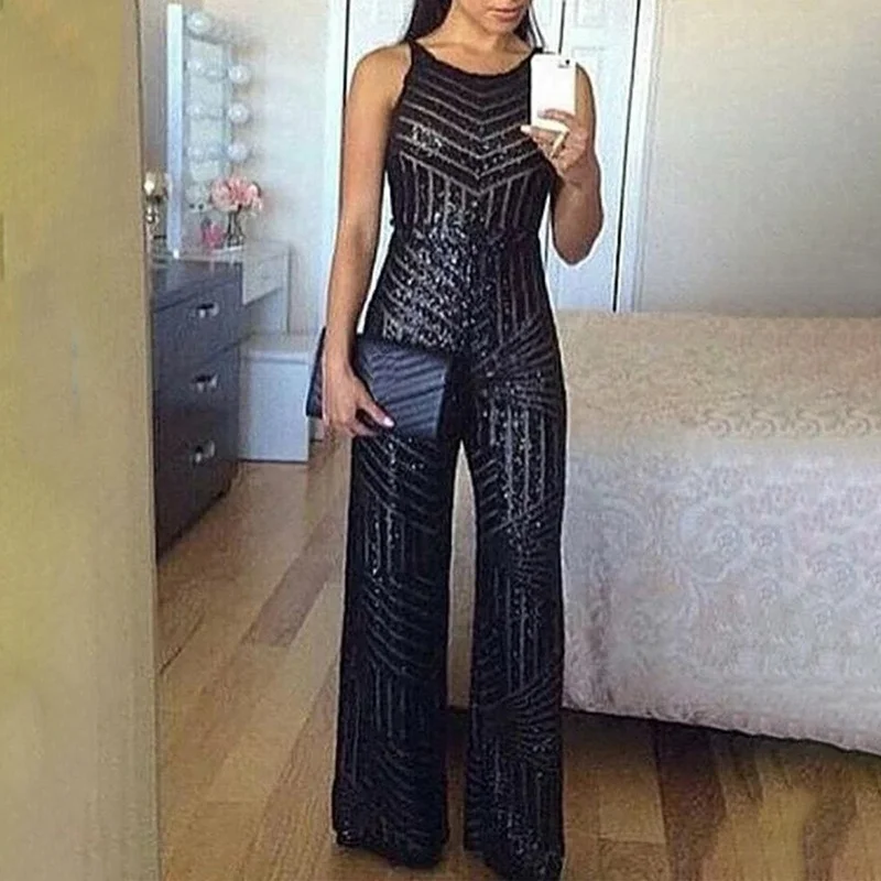 

Overalls Female Sleeveless Overall Paillets Zipper Bag Design Overall Women Fashion Elegant Casual Work Clothing Party Romper