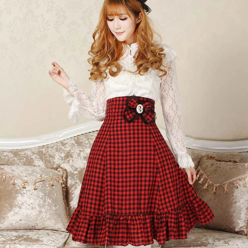

Princess sweet lolita skirts Originally vintage plaid skirts Princess High waist Slim Lotus Leaf Skirt fashion women GZWY033
