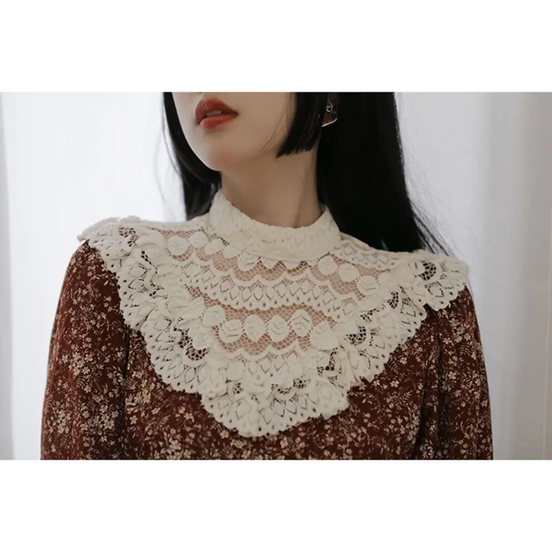

XITAO Spring New French Vintage Print Dress Fashion Splicing Lace Hollow Out Stand Collar Lantern Sleeve Women Casual ZY4108