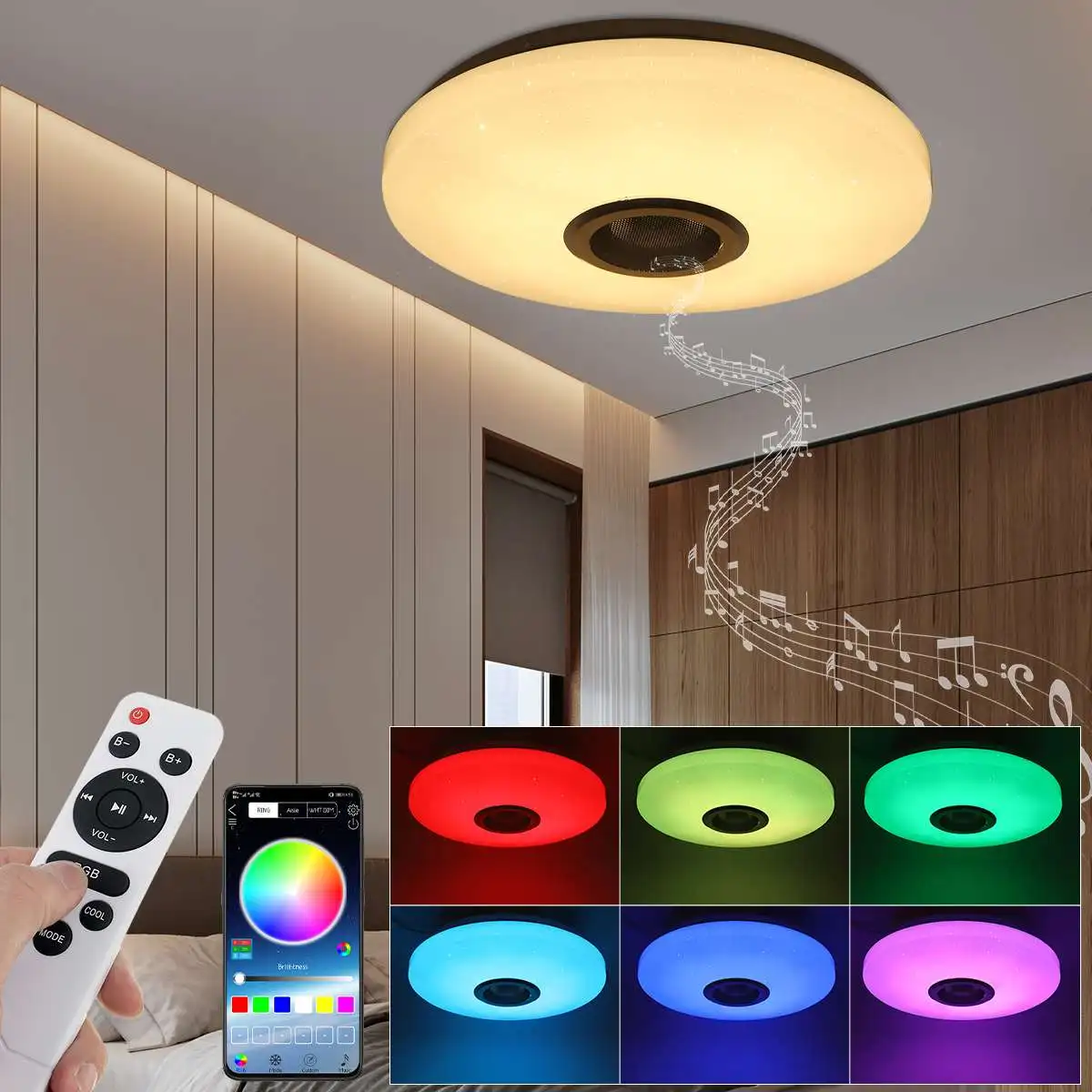 Lámpara de techo de música regulable RGB de 60W, control remoto y aplicación, AC180-265V de luces de techo para el hogar, Altavoz bluetooth, accesorio de iluminación