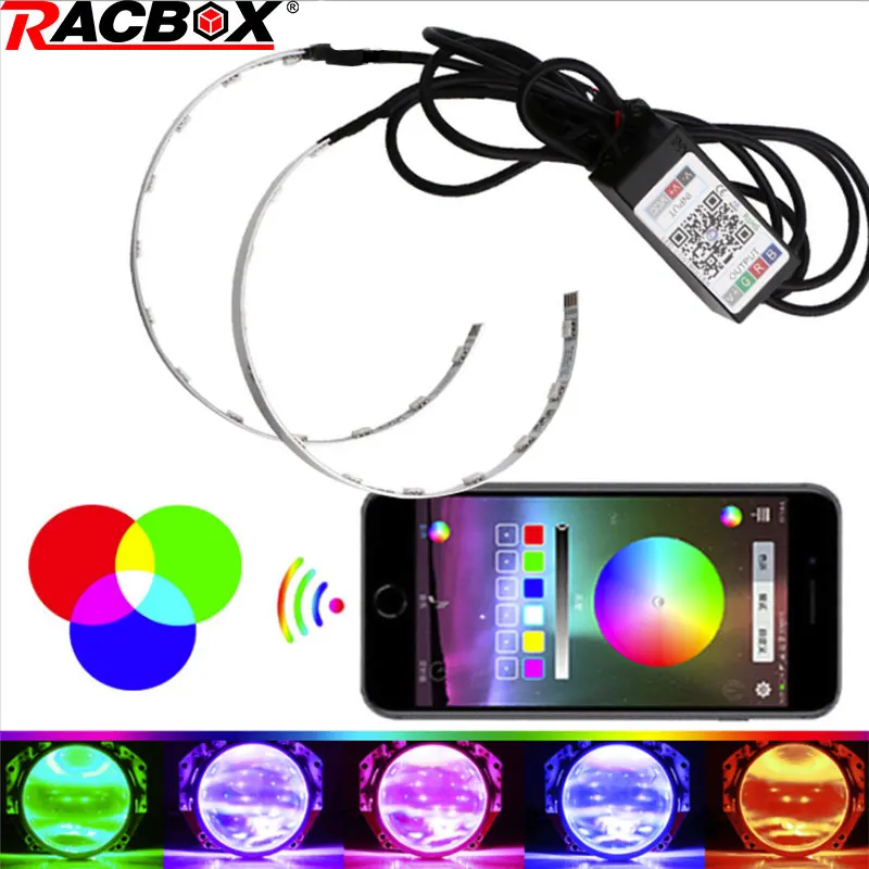 Универсальный 360 градусов RGB приложение управления сглаз многоцветные кольца Halo для автомобиля Мотоцикл Грузовик проектор Объектив модифицированный налобный фонарь