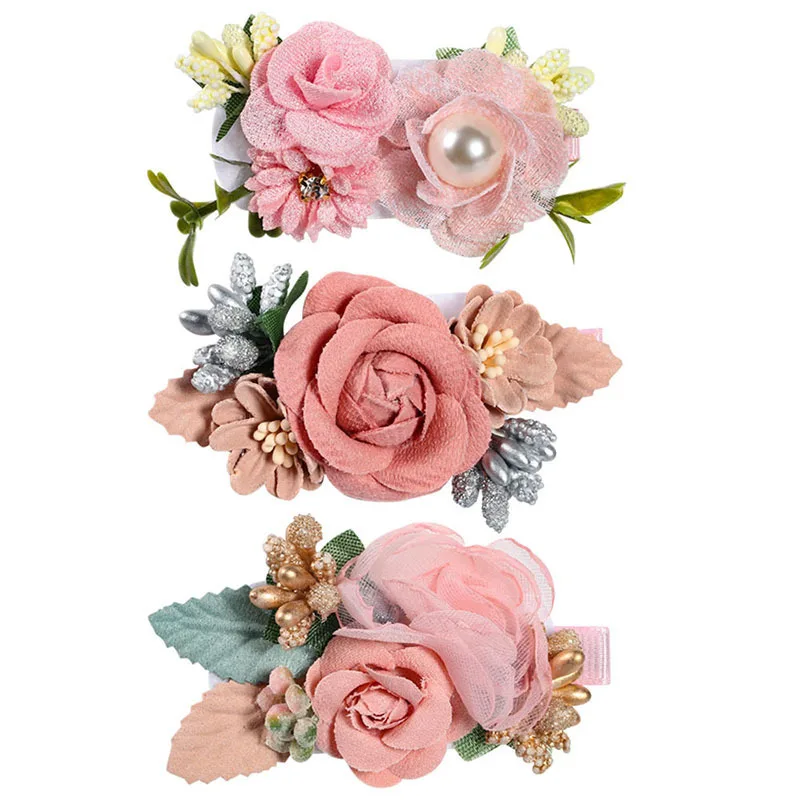 

3Pcs/Set Newborn Baby Pearl Artific Flower Hairpins Handmade Nylon Elastic Barrettes Floral Hair Clips Pins for Girls Toddler