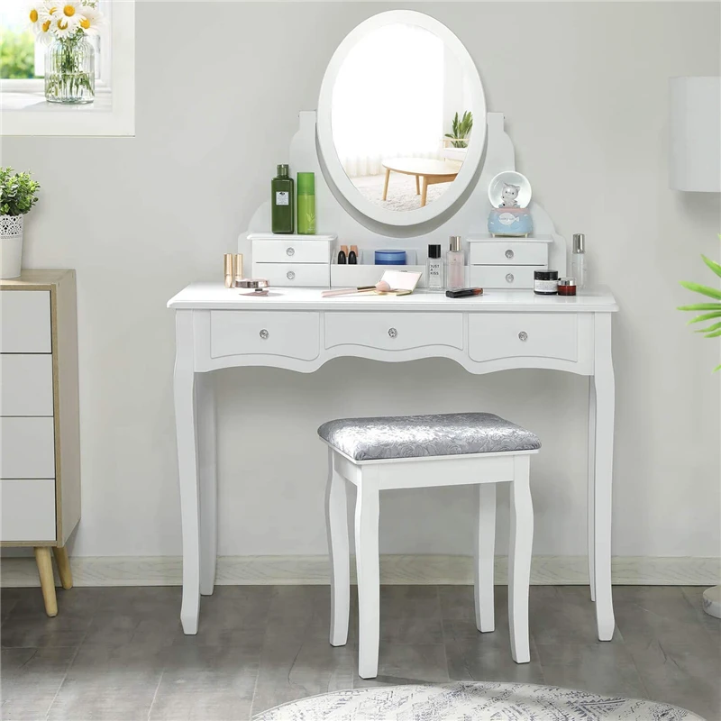 

Dressing Table Set with 7 Drawers and 1 Movable Storage Box Wood Makeup Vanity Table Stool with 360 Rotating Oval Mirror White