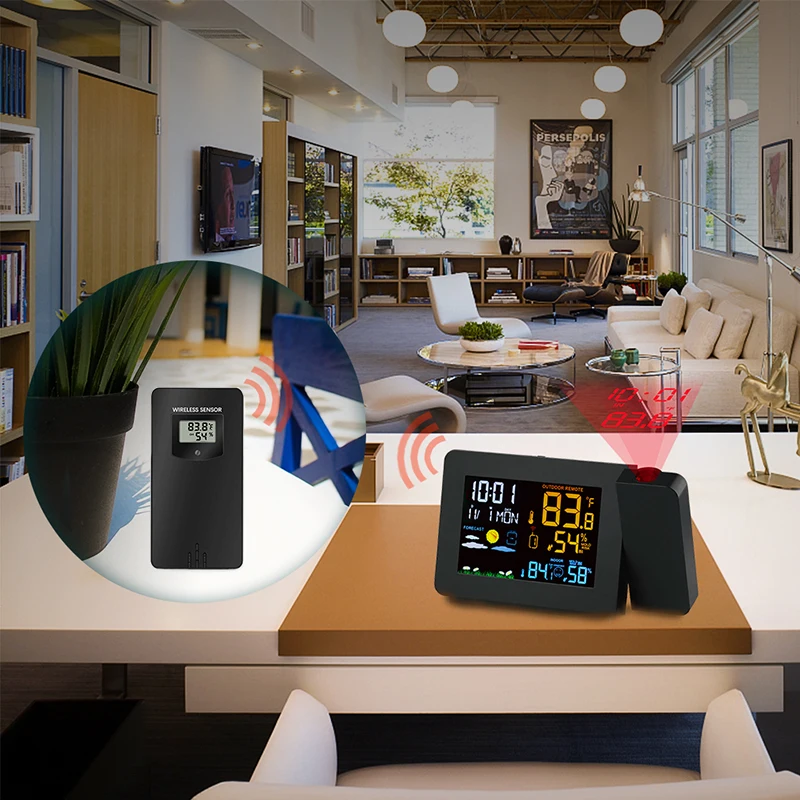 Проекционная метеостанция с 3 наружными датчиками будильник Цветной подсветкой