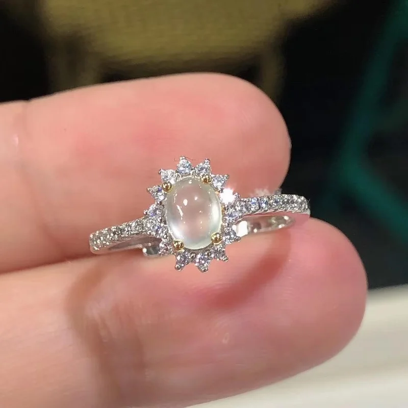

New Natural White Ice Chalcedony Ring Gem Ring Women's S925 Sterling Silver Inlaid Ice-like Egg Surface Jade Ring Open Mouth