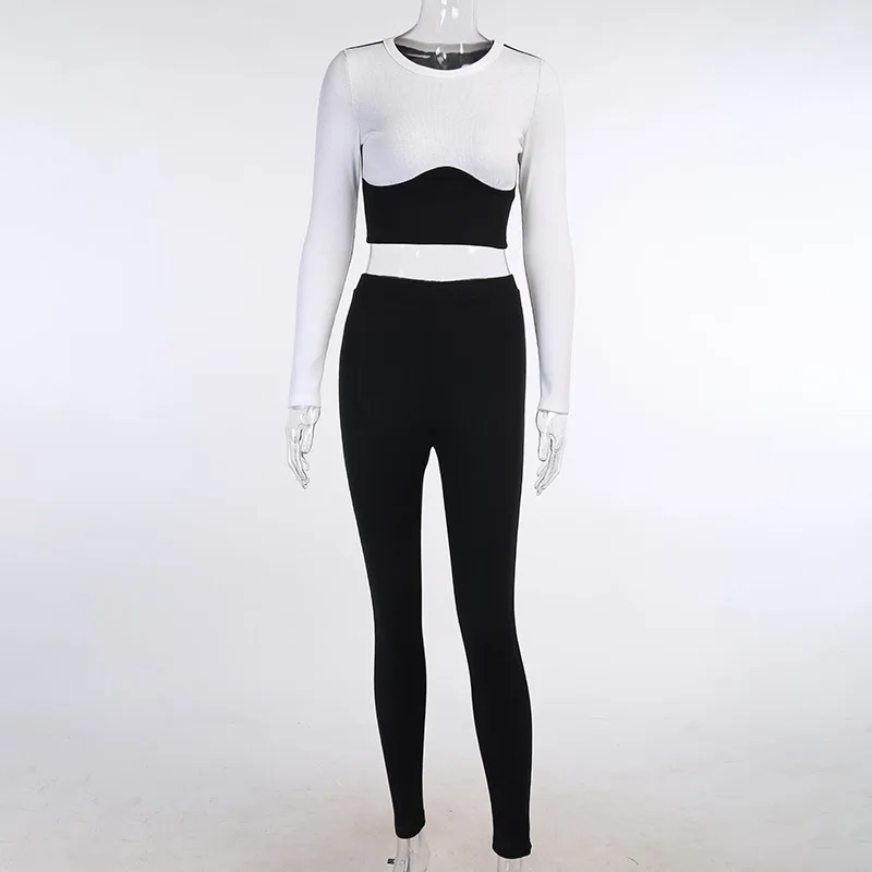 

Two Piece Set Women Bodycon 2021 Long Sleeve Crop Top And Pants Sets Contrast Color Patchwork Ladies Sportswear Gym Fitness Suit