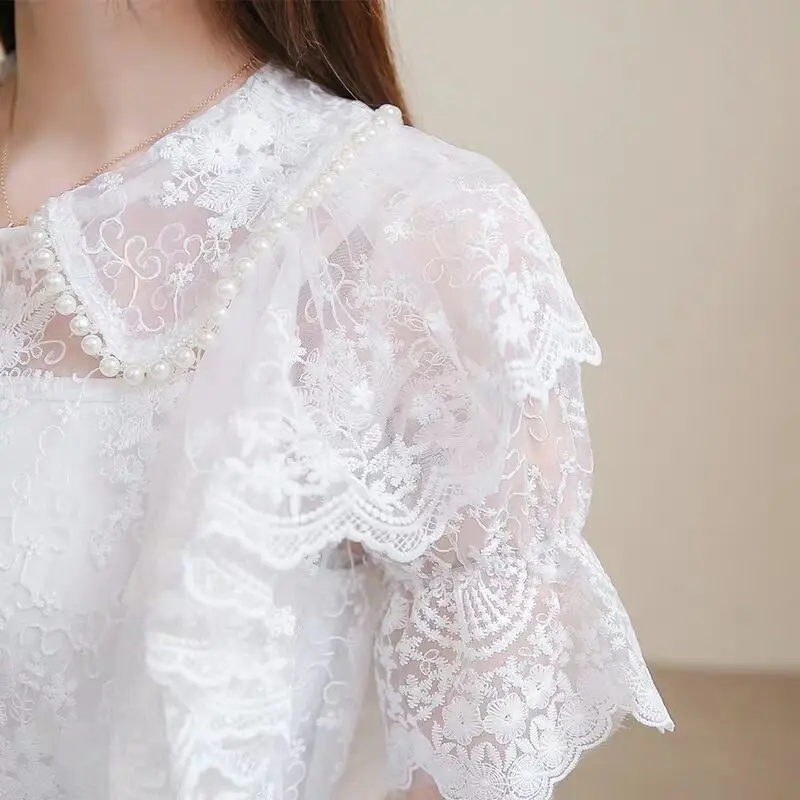 

Elegant Lace Shirt Women Plus Sling Summer 2021 Ruffles Beading Peter Pan Collar Pleated Fashion Top High Street French Blouses