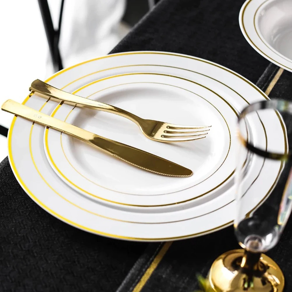 

New 70Pcs Disposable Tableware Set 10 Guests Gold Rim Plastic Plates Cups Set for Party or Wedding Birthday Party Decor