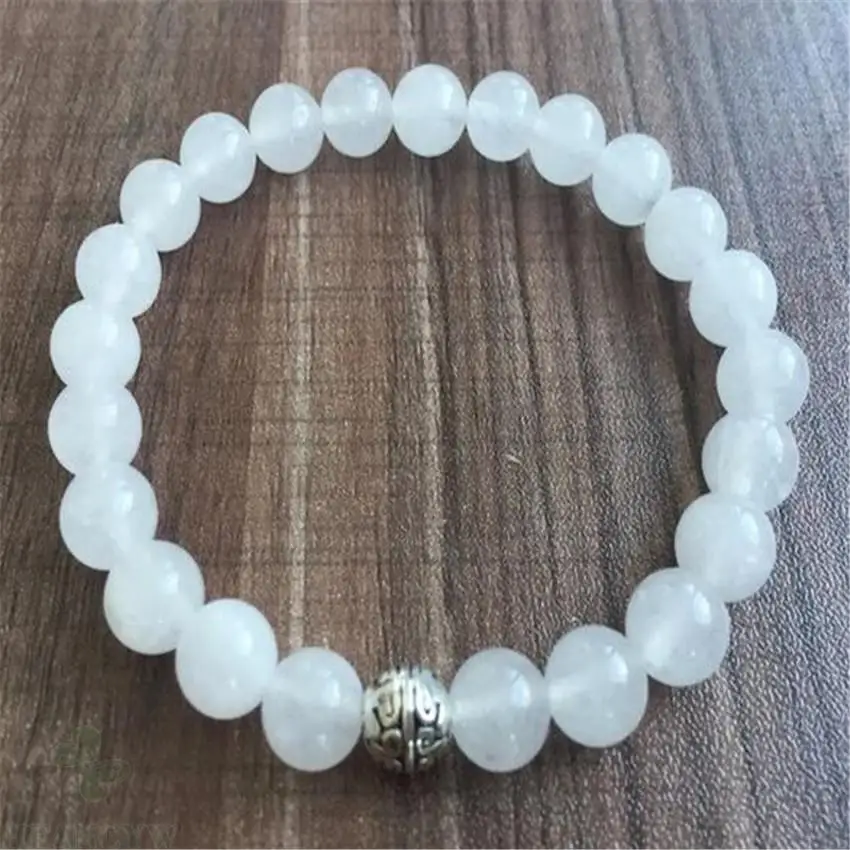 

8mm White Crystal Gemstone Mala Bracelet 7.5 inches Men Energy Yoga Buddhism Meditation Bead