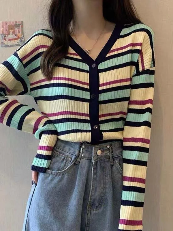 

Стильный полосатый вязаный кардиган с длинным рукавом, пальто для женщин