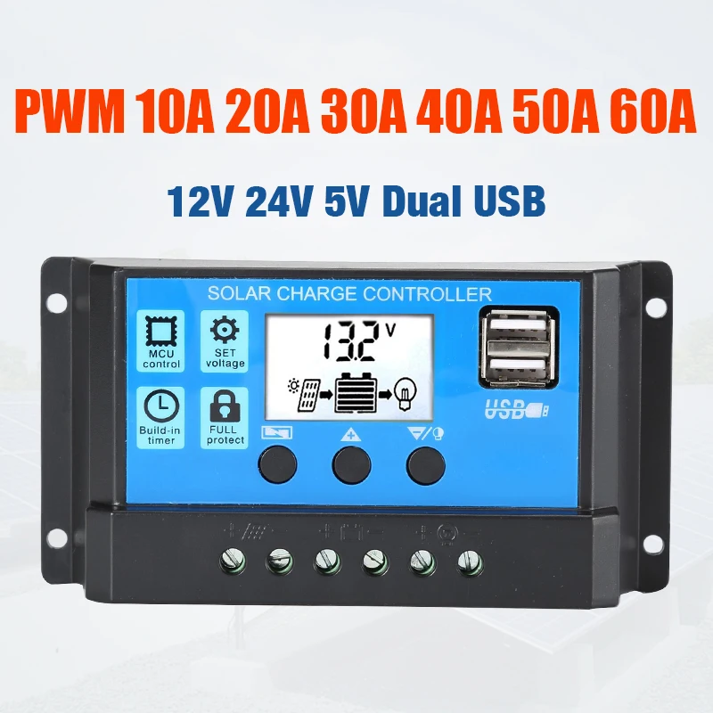 New 60A/50A/40A/30A/20A/10A 12V 24V Auto Solar Charge Controller PWM Controllers LCD Dual USB 5V Output Panel Regulator | Обустройство