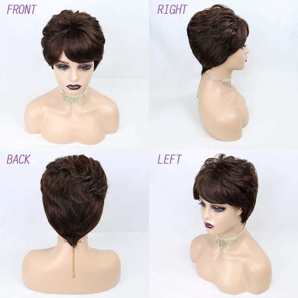 

Short Pixie Cut Curly Human Hair Wigs With Free Bangs For Women Remy Brazililian Jerry Curl Glueless Natural Black Wig