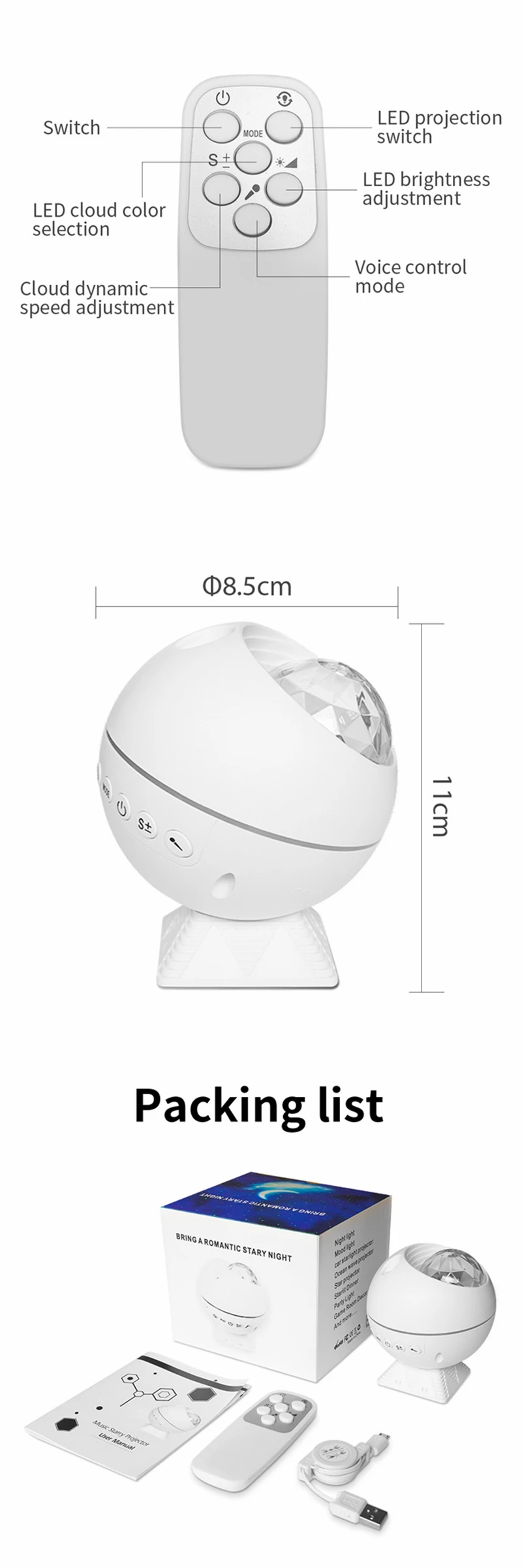 Lâmpada de Controle Luzes do Palco Decoração para Casa Oceano Onda Noite Luz Céu Estrelas Remoto Colorido Festa Criança Presente Ano Novo Led - Lua 4 Luzes e Iluminação