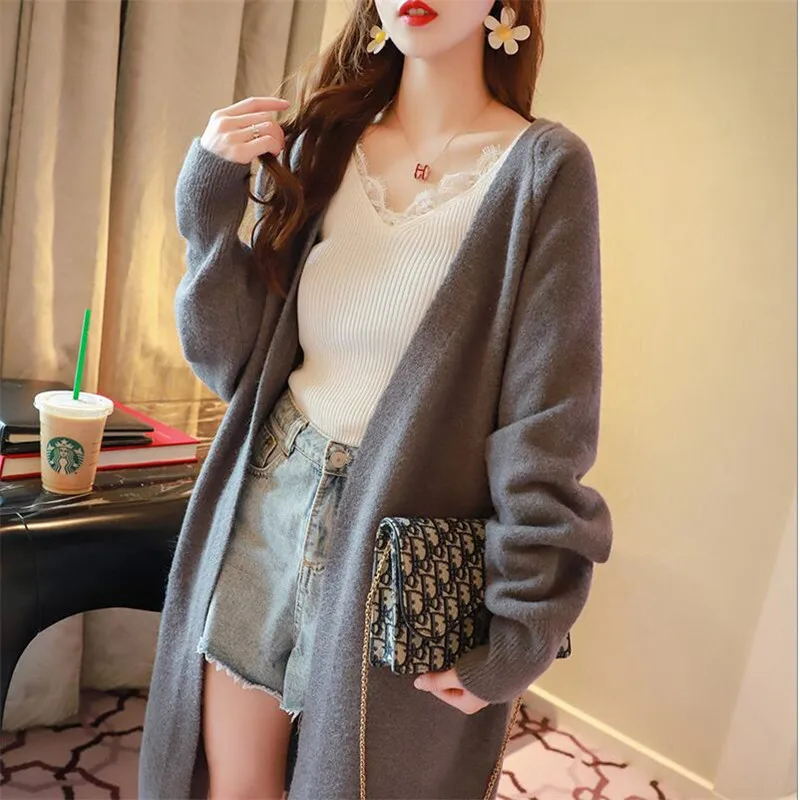 2019 авокадо зеленый женский свитер-кардиган с длинными коленями сплошной длинный