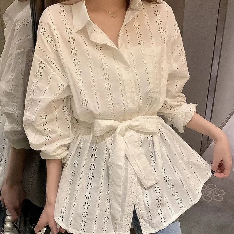 

100% Cotton Hollow Out Women White Shirts Summer New 2021 Sashes Long-Sleeved Slim Elegant Office Lady Outwear Tops