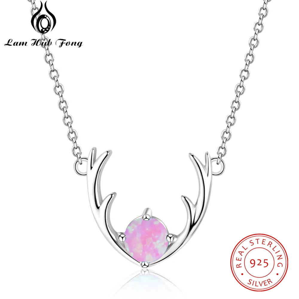 

925 Sterling Silver Opal Stone Necklaces Elk Deer Antlers Necklaces Pendants Lucky Cute Women Necklace Jewelry (Lam Hub Fong)