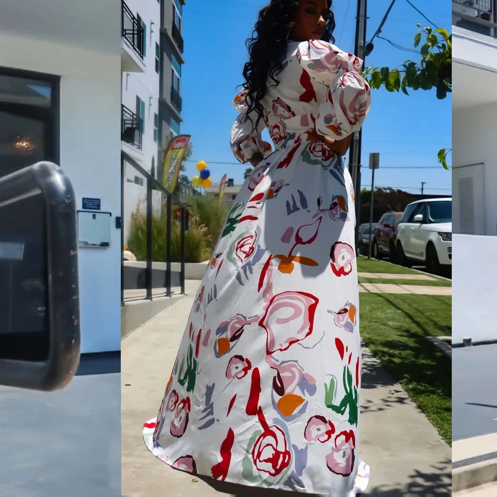 

Autumn Fashion Puff Sleeve Long Dress Women V-neck Floral Print Dress Ladies Party Palace Style Elegant Dress