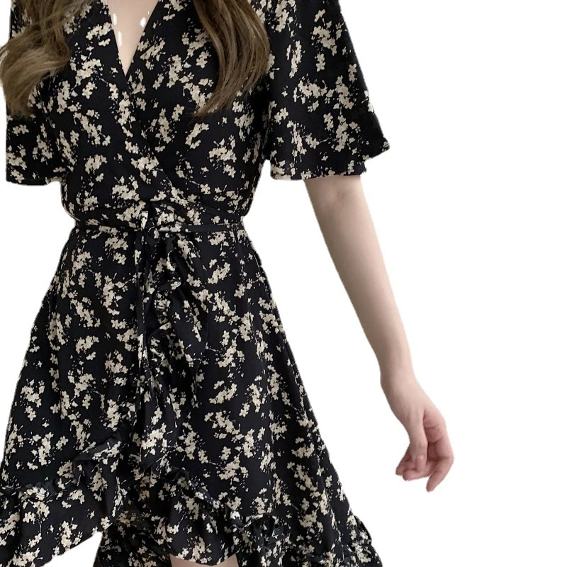 

Women Dresses Summer 2021 Sexy V Neck Floral Print Beach Dress Ruffle Short Sleeve A Line Mini Dress Sundress Robe Y949