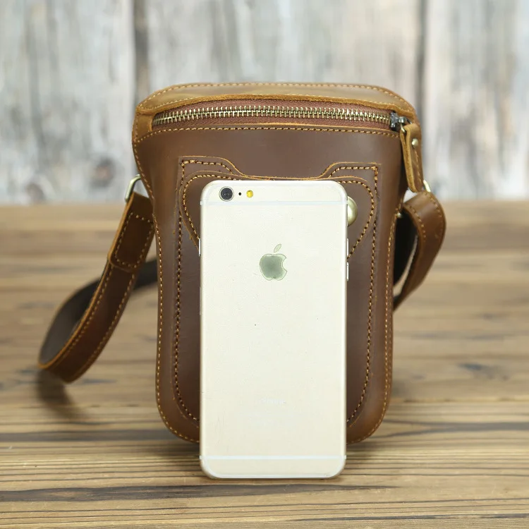 

COOL Fashion Cow Head Crazy Horse Leather Men Waist Pack Vintage 6.6" Mobile Bag