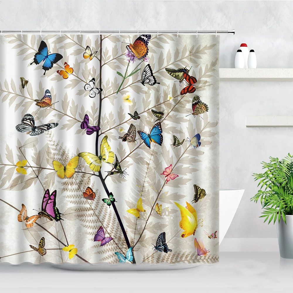

Butterfly Shower Curtain Set Tree Plant Printing 3D Waterproof Home Bathroom Decor Bathtub Screen Cloth Bath Curtains With Hooks