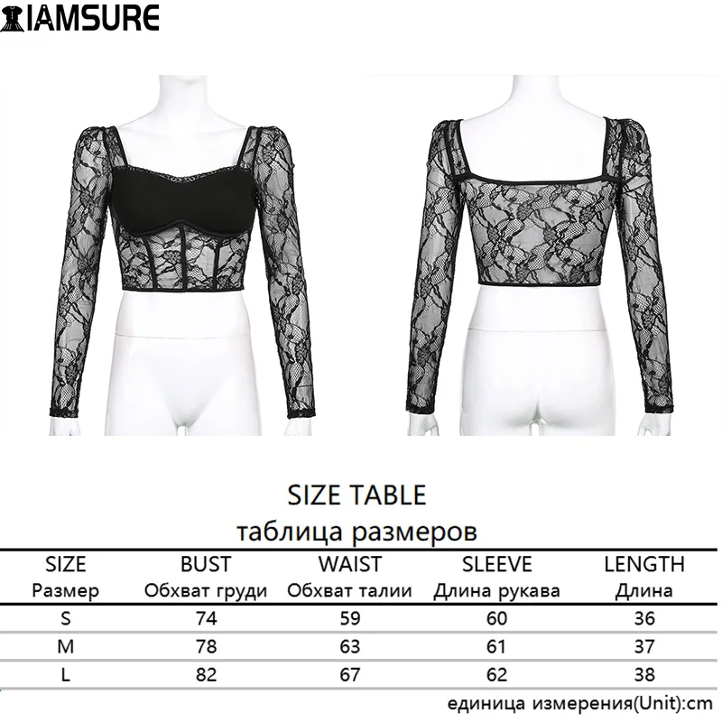 

IAMSURE Black Longsleeve Lace Crop Top Women Vintage Sexy Slim Square Collar See Through Corset Tops Party Night Club Wear 2021