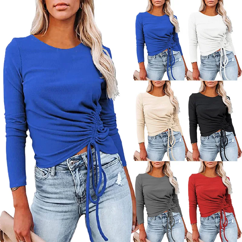 

Fashion Women Shirring Long Sleeve T-Shirt Basic Solid Color Clothing Office Lady Slim Round Neck Ribbed Top Tee Casual Tunic