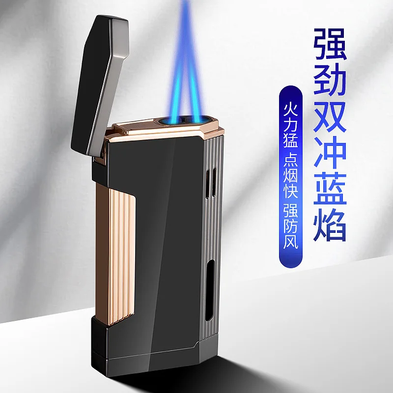 

Chinese brand Plateau with hole focused double fire direct blow windproof electronic press open cover side lighter