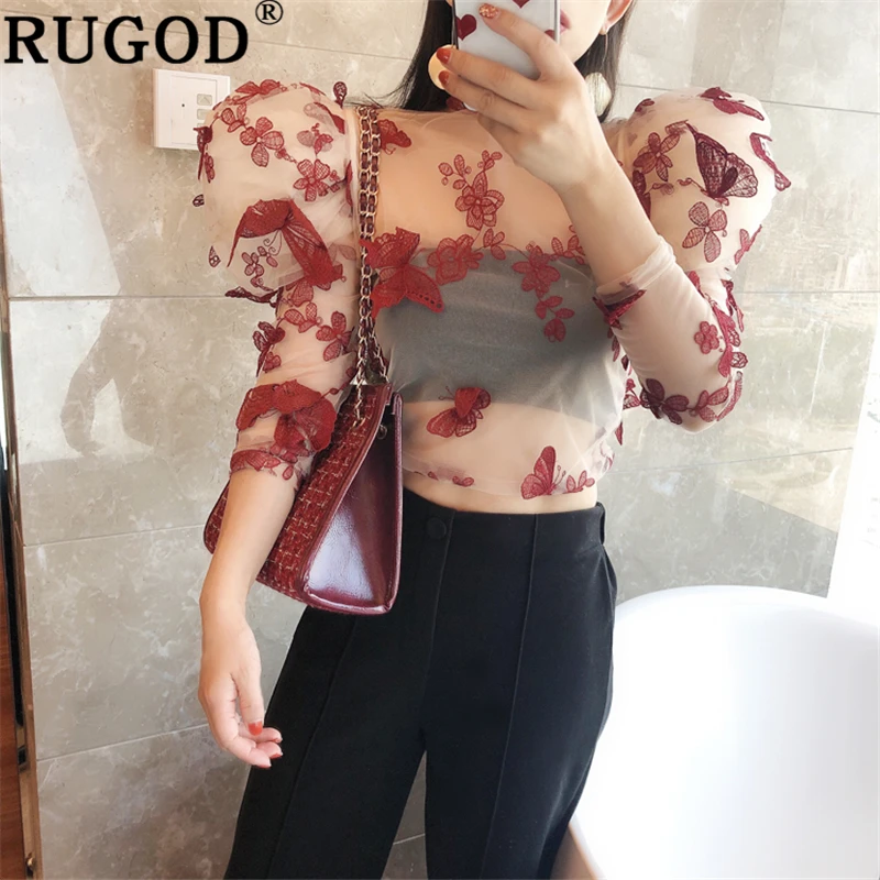 RUGOD элегантная женская блузка с кружевным плетением модная пышными рукавами