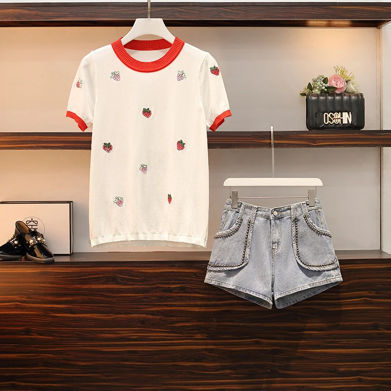 Размера плюс для женщин с вышивкой вязаные топы короткими рукавами тяжелое