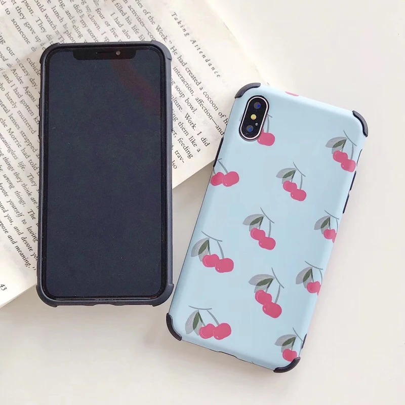 Cartoon Flower Shockproof Phone Case For iPhone XS Max XR 6 6S 7 8 Plus X Cherry Fruit Soft IMD Back Cover Coque |