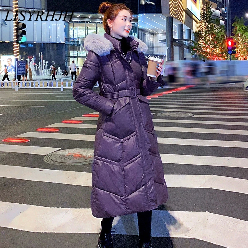 

LISYRHJH 2021 new winter jacket women's warm fashion bow belt fox fur collar coat long dress women's thick coat