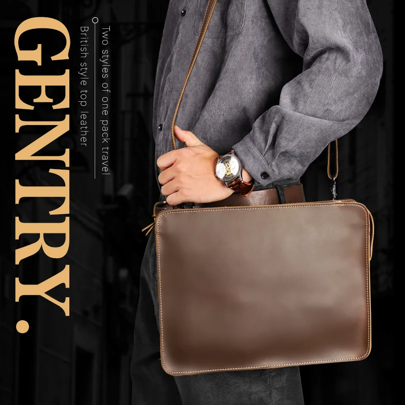 Handmade Genuine Leather Men's Briefcase 13.5'' Laptop Business Shoulder Bag Messenger Bags For Male