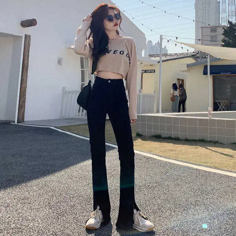 

High waist split jeans women's versatile drop bottom pants slightly flared loose show thin wide leg split flared pants