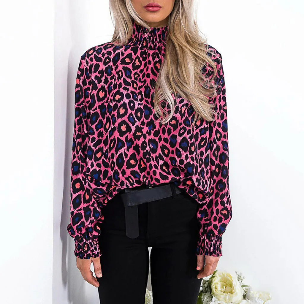 JAYCOSIN женская мода жабо воротник-стойка неоновый Леопардовый принт длинный рукав