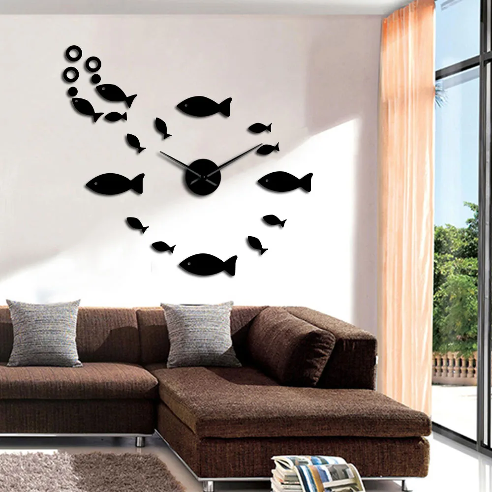 Гигантские настенные часы сделай сам рыба с пузырьками зеркальный эффект Декор