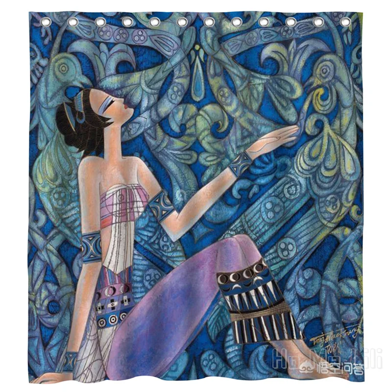 

Woman And Peacock Art Design Waterproof Bathroom Partition Curtain Home Accessories