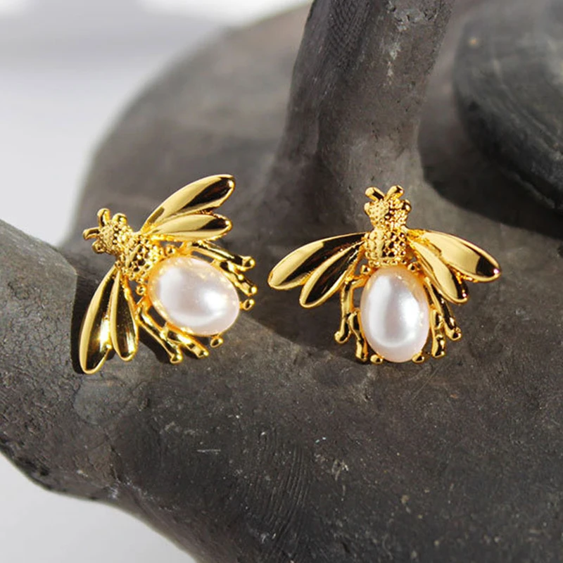 

Pearl bee stud earrings for women gold small cute earrings insect jewelry for kids girls christmas gift for kids girls