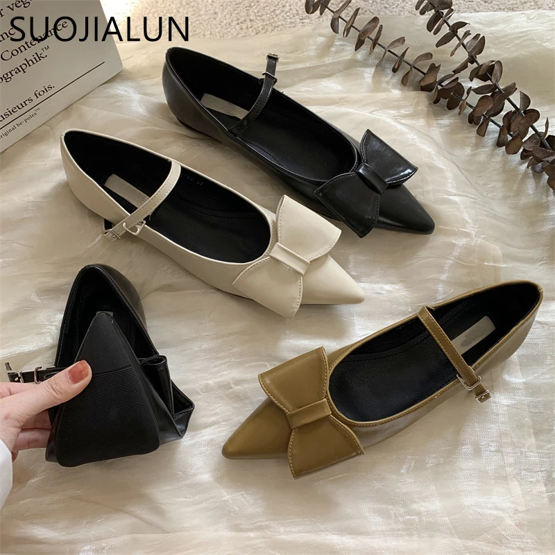 

SUOJIALUN 2022 Spring Flats Shoes Women Pointed Toe Flat Ballet Sweet Bow-knot Shallow Ballerina Soft Moccasin Zapatillas Mujer
