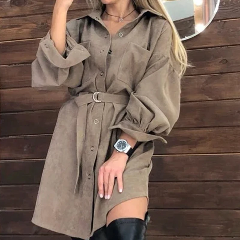 

Women Casual Puff Sleeve Fashion Mini Dress Front Buttons Pockets Loose Women DressSolid Color Turn Down Collar Autumn New Dress