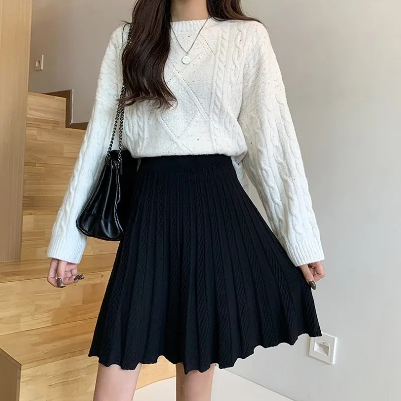 

KUSAHIKI 2021 Spring New Korean Knitted Skirts High Waist A-line Women Sweater Skirt Causal Fashion Elegant Faldas Mujer 6F213