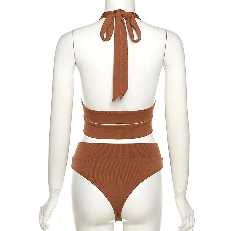 

Solid Knitted Two Piece Women Summer Suit Casual Fitness Bandage Top Skinny U-Neck Sporty Briefs Female Outfits Shorts AG32073