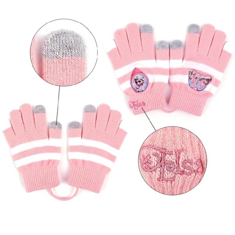 South Korea Winghouse Children Gloves Frozen Elsa Knitted Five-finger Gloves Girl Winter Hanging Rope Touch Screen Mittens