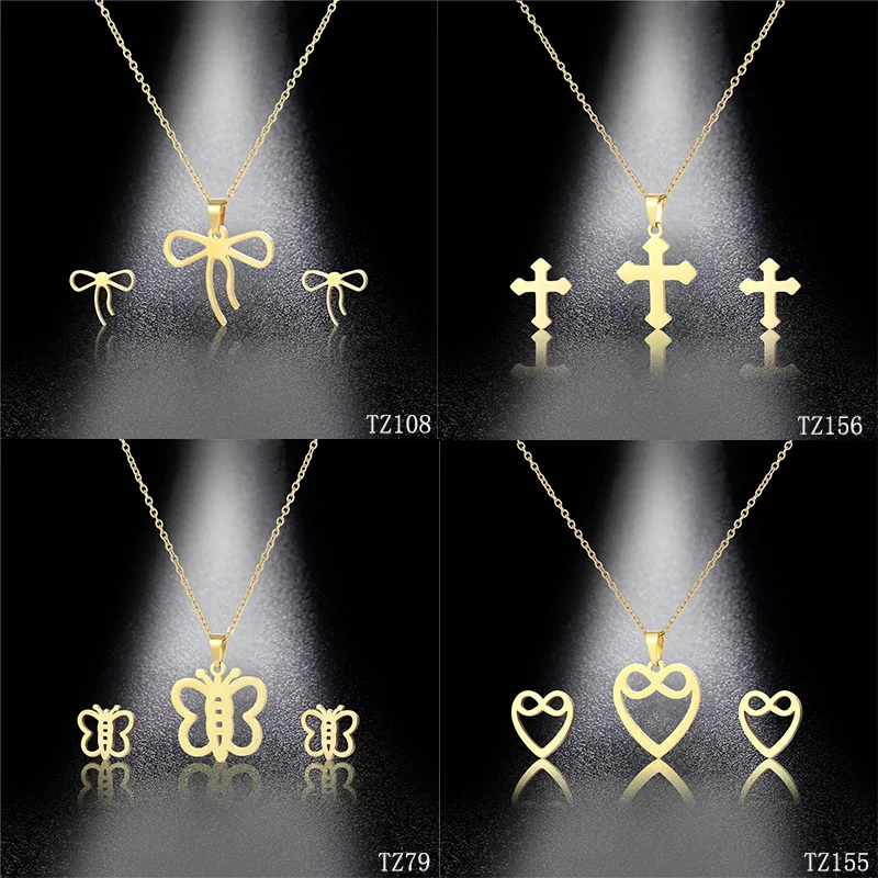 

304 Stainless Steel Fashion Jewelry Set Bowknot Cross Peach Heart Butterfly Pendants Chain Necklace Stud Earring Set Accessories