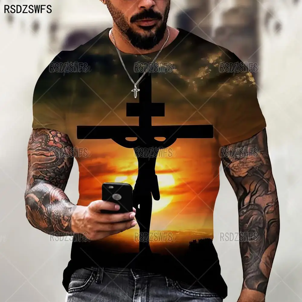 

Summer Men T Shirt Classic Cross Print Short Sleeve Daily Tees Casual Oversize Male Street Wear Popular Unisex Couples Clothes