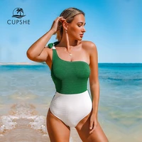 cupshe green and white colorblock one shoulder one piece swimsuit 2021 women tied bow monokini 2021 beach bathing suits swimwear