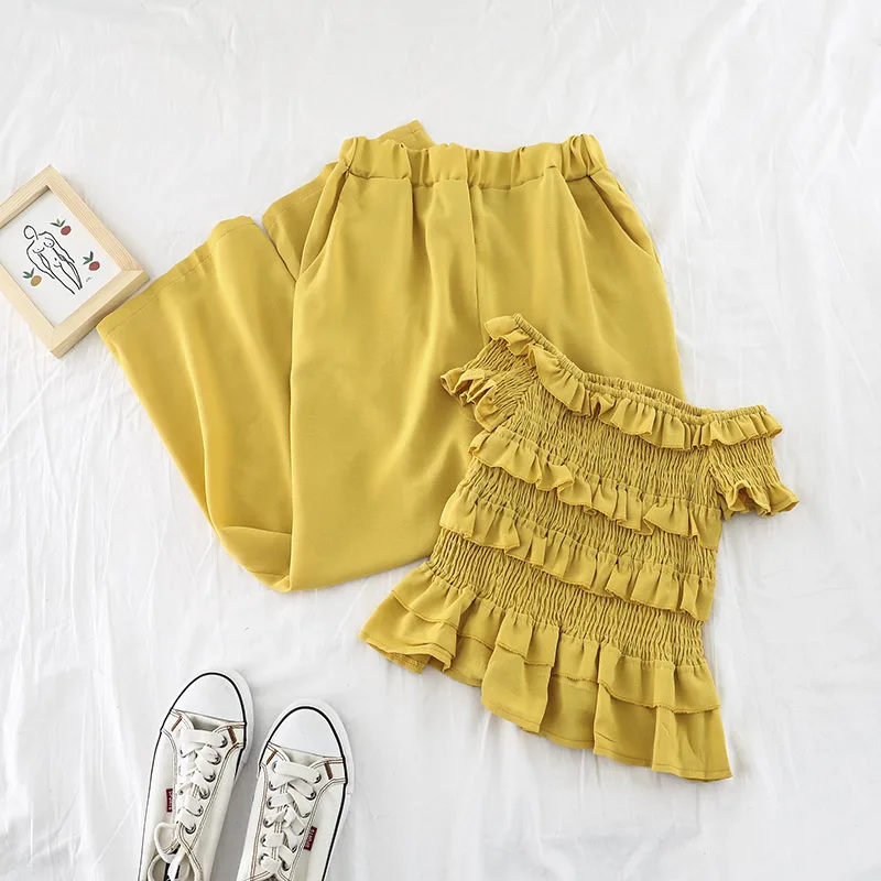 Gagarich Women Summer Two Piece Set Chic Off Shoulder Short Slim Ruffles Tops High Waist Wide Leg Pants Elegant Solid Suits | Женская
