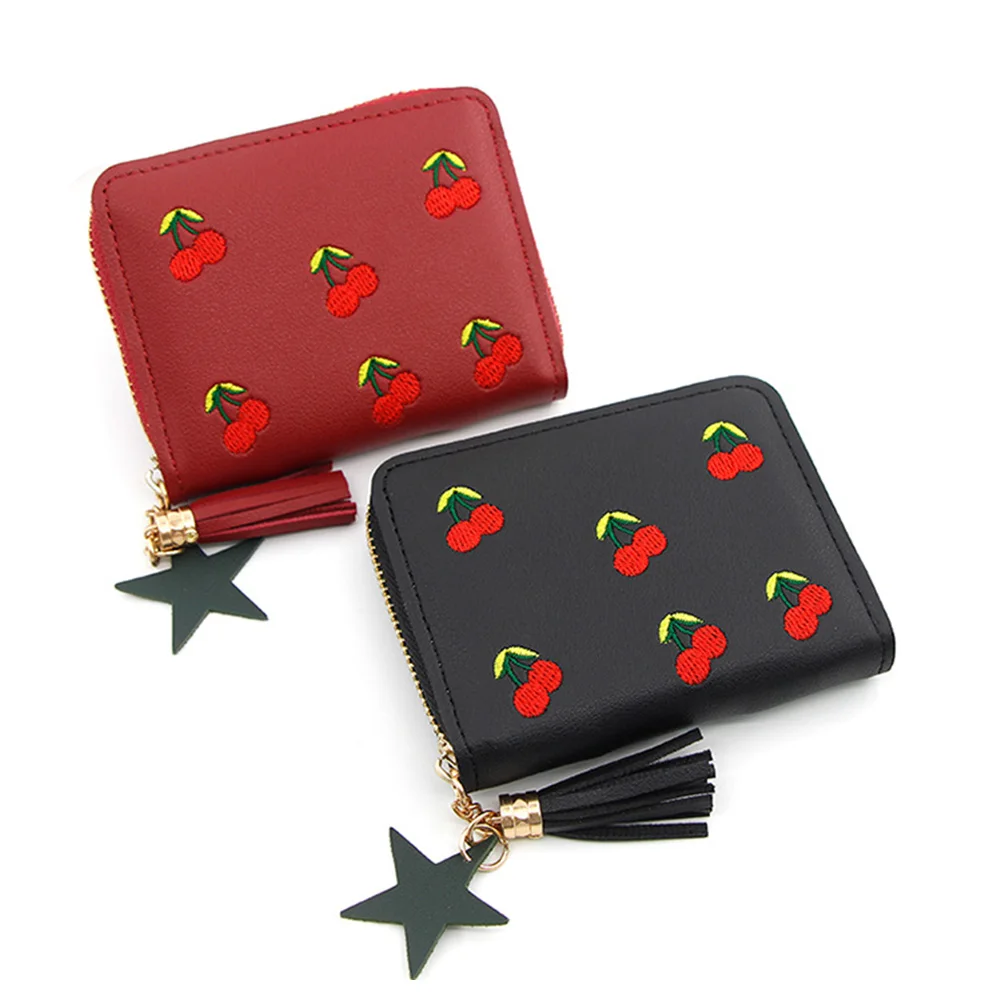 Новый милый женский маленький кошелек с вышивкой вишни Короткие Кошельки из